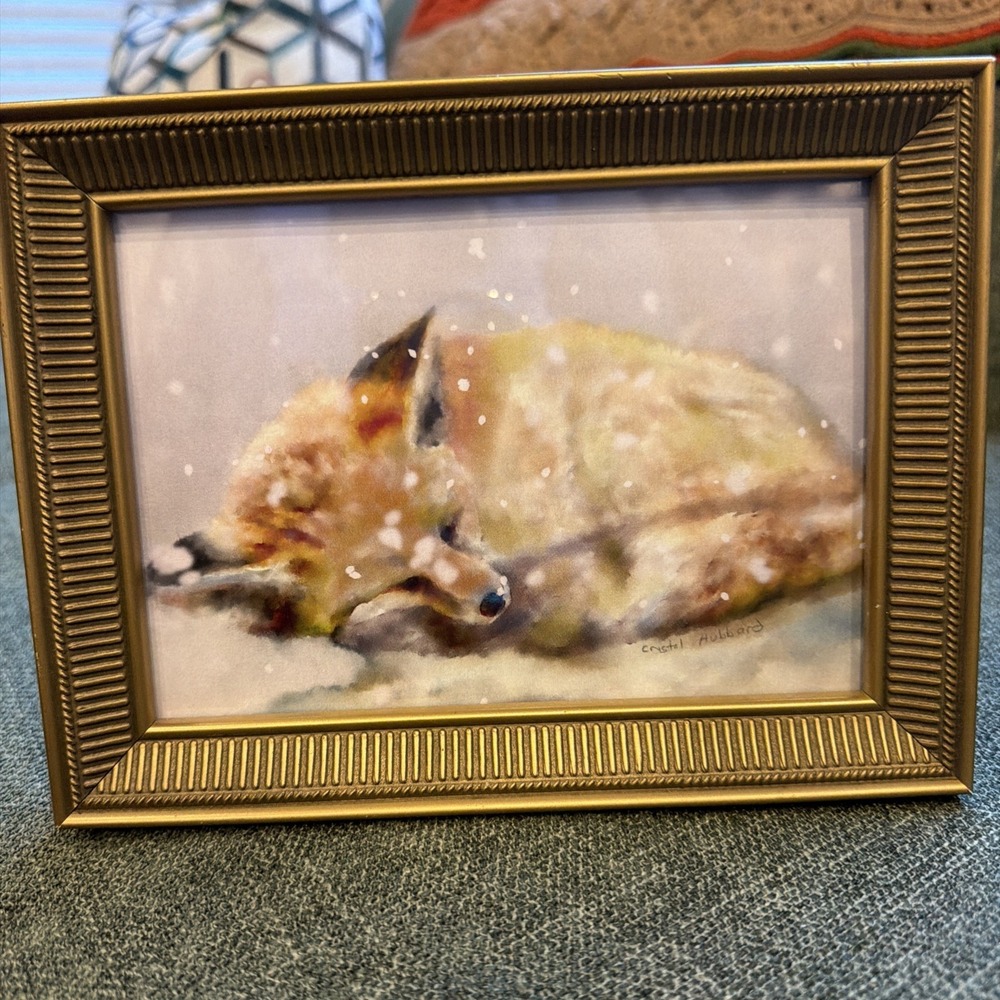 Crystal Hubbard Sleeping Fox Framed Print Winter Snow Woodland Art 8.5 x 6.5
